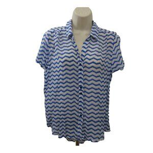 GRAND & GREENE Tunic Top Sz Medium Blue White Zigzag Stripe Button Front HighLow